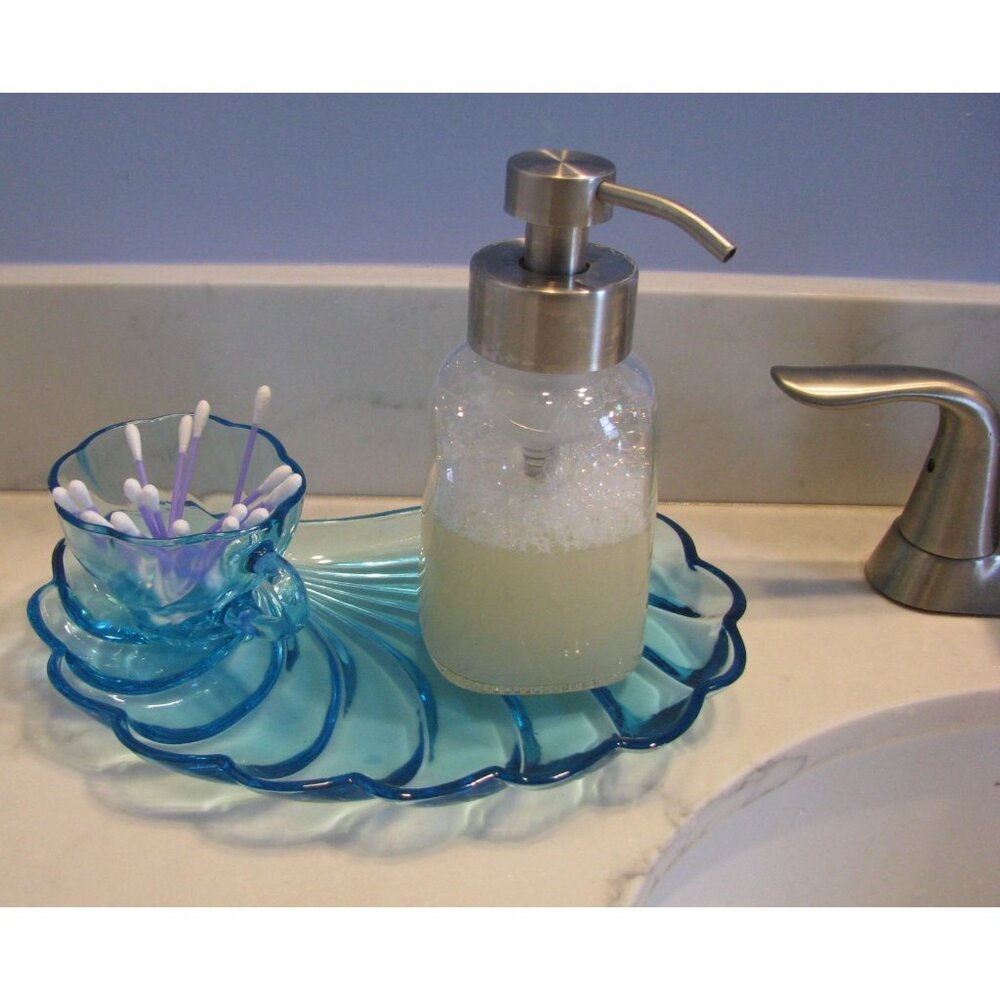 Hazel Atlas MCM Turquoise Blue Seashell Snack Set 4 Plates & Cups Retro Aqua Bea - Picture 3 of 12